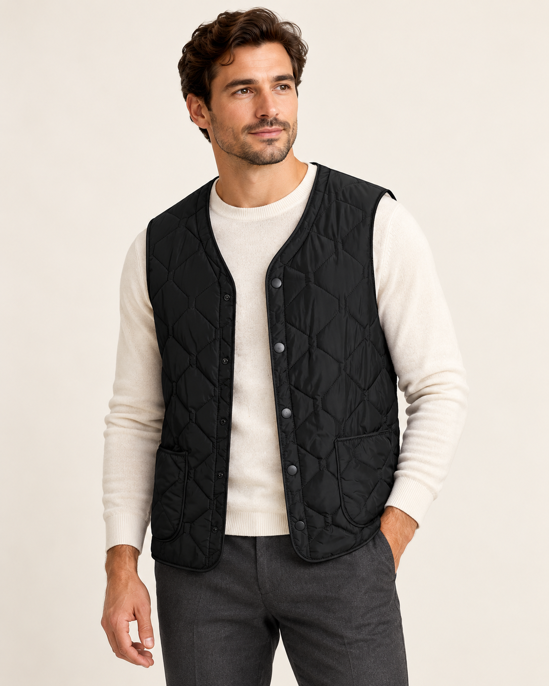 Diamond-quilted gilet — model photograph