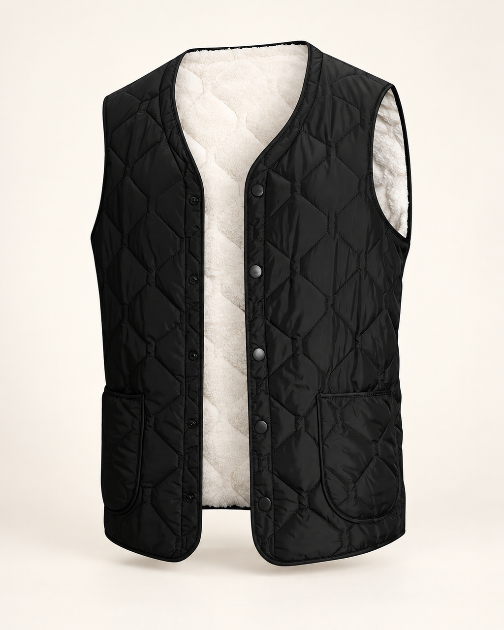 Diamond-quilted gilet — studio photograph