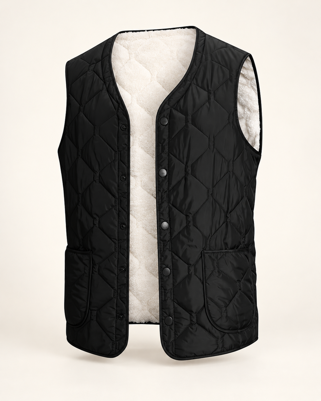 Diamond-quilted gilet — studio photograph