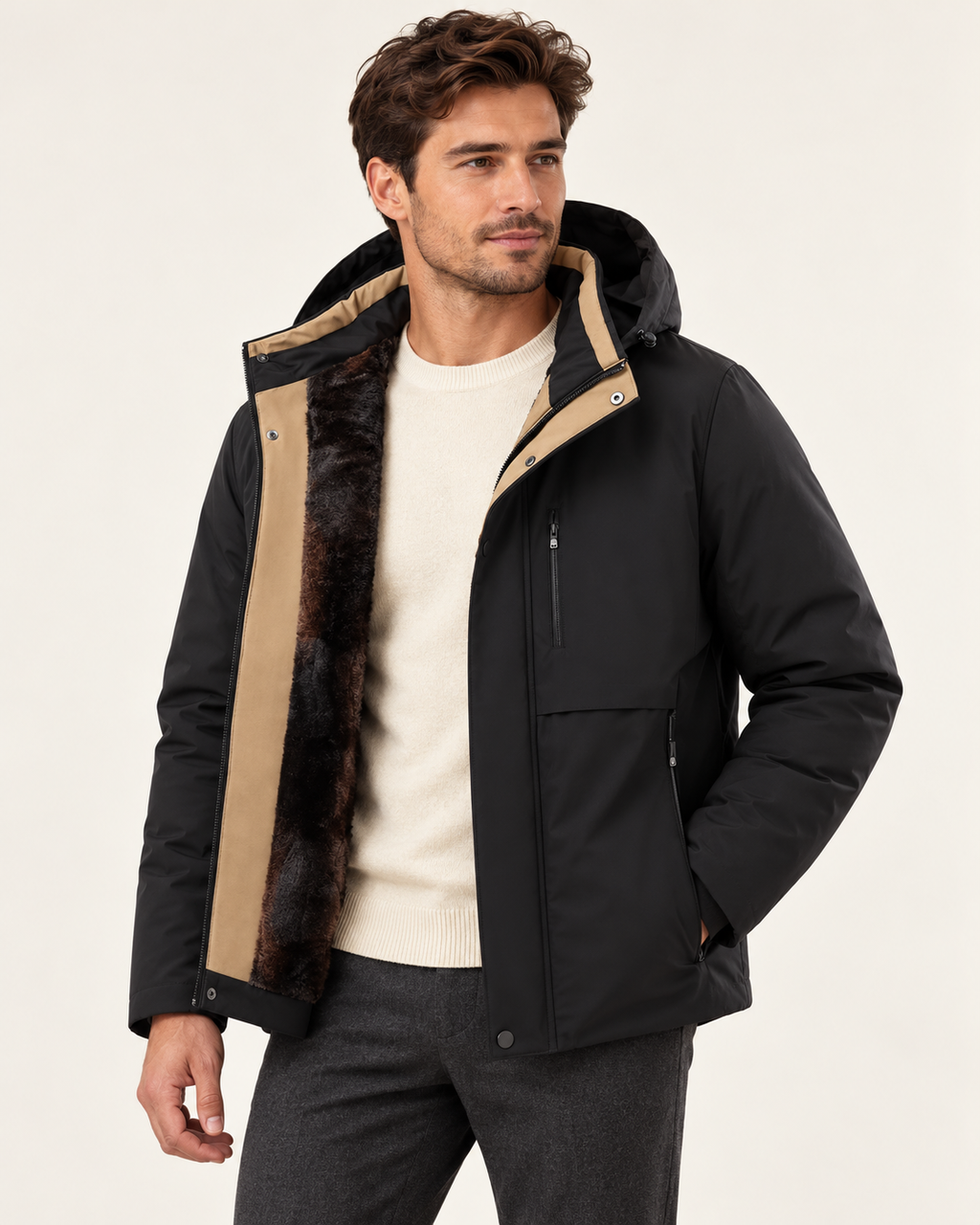 Hooded winter jacket — model photograph