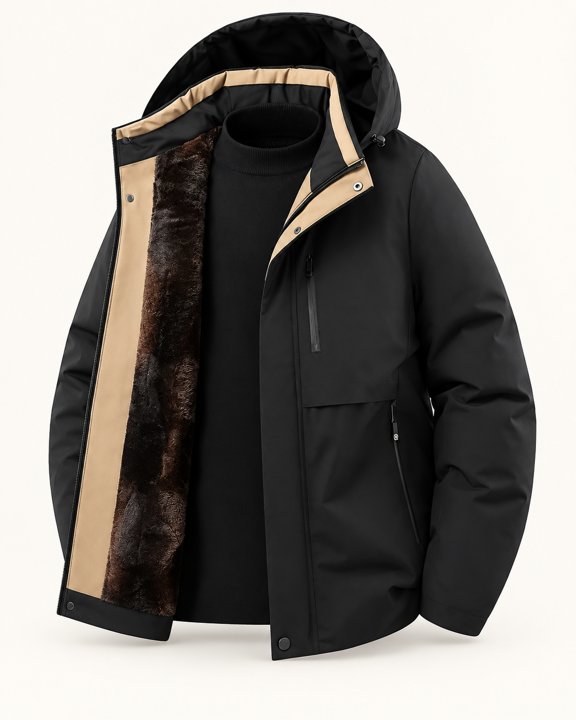 Hooded winter jacket — studio photograph