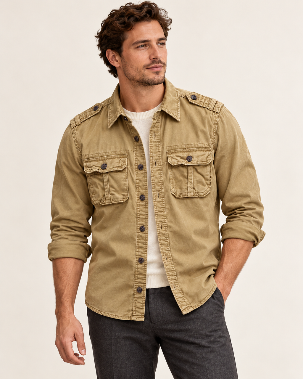 Washed safari jacket — model photograph