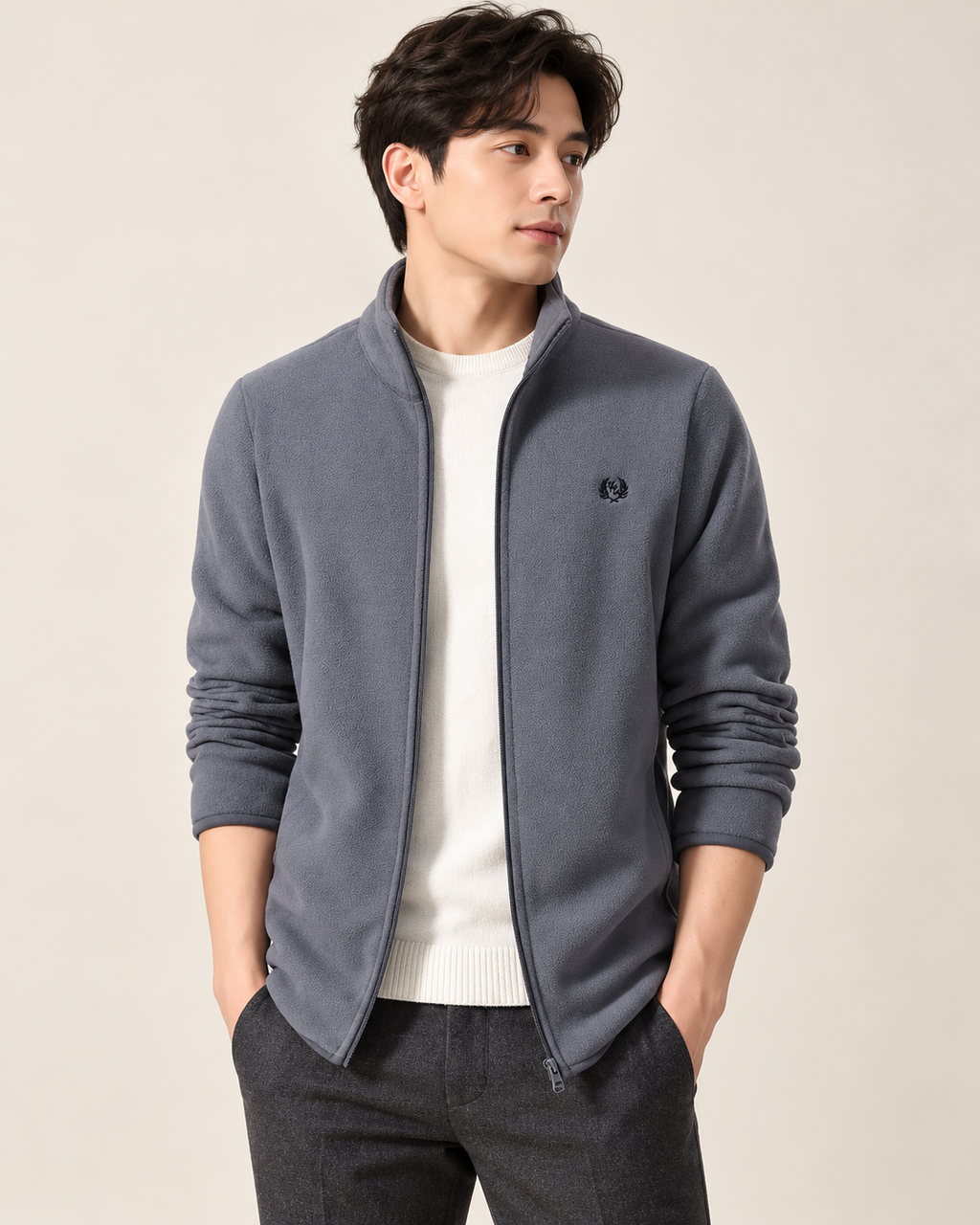 Stand-collar zip jacket — model photograph