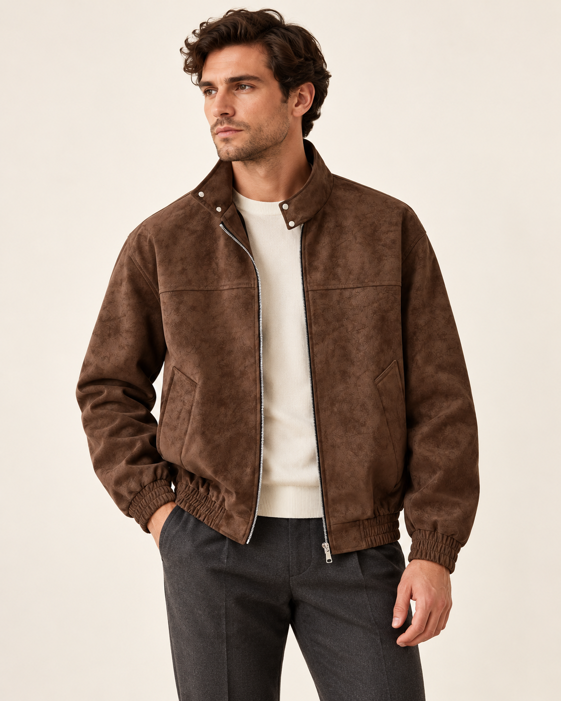 Suede-look stand-collar jacket — model photograph