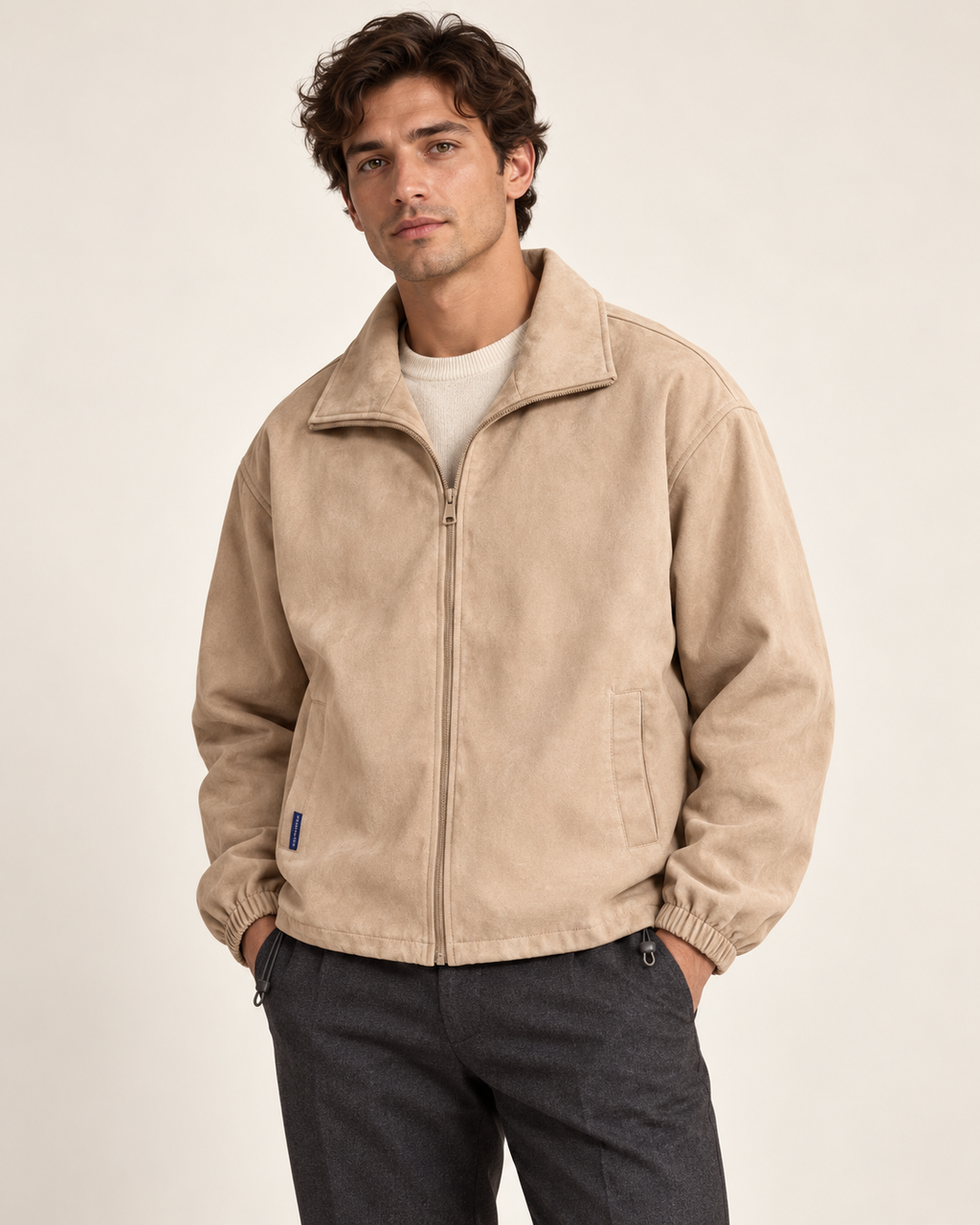 Suede-look collared bomber — model photograph