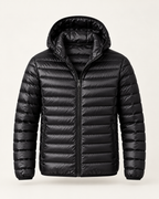Lightweight hooded puffer — front view