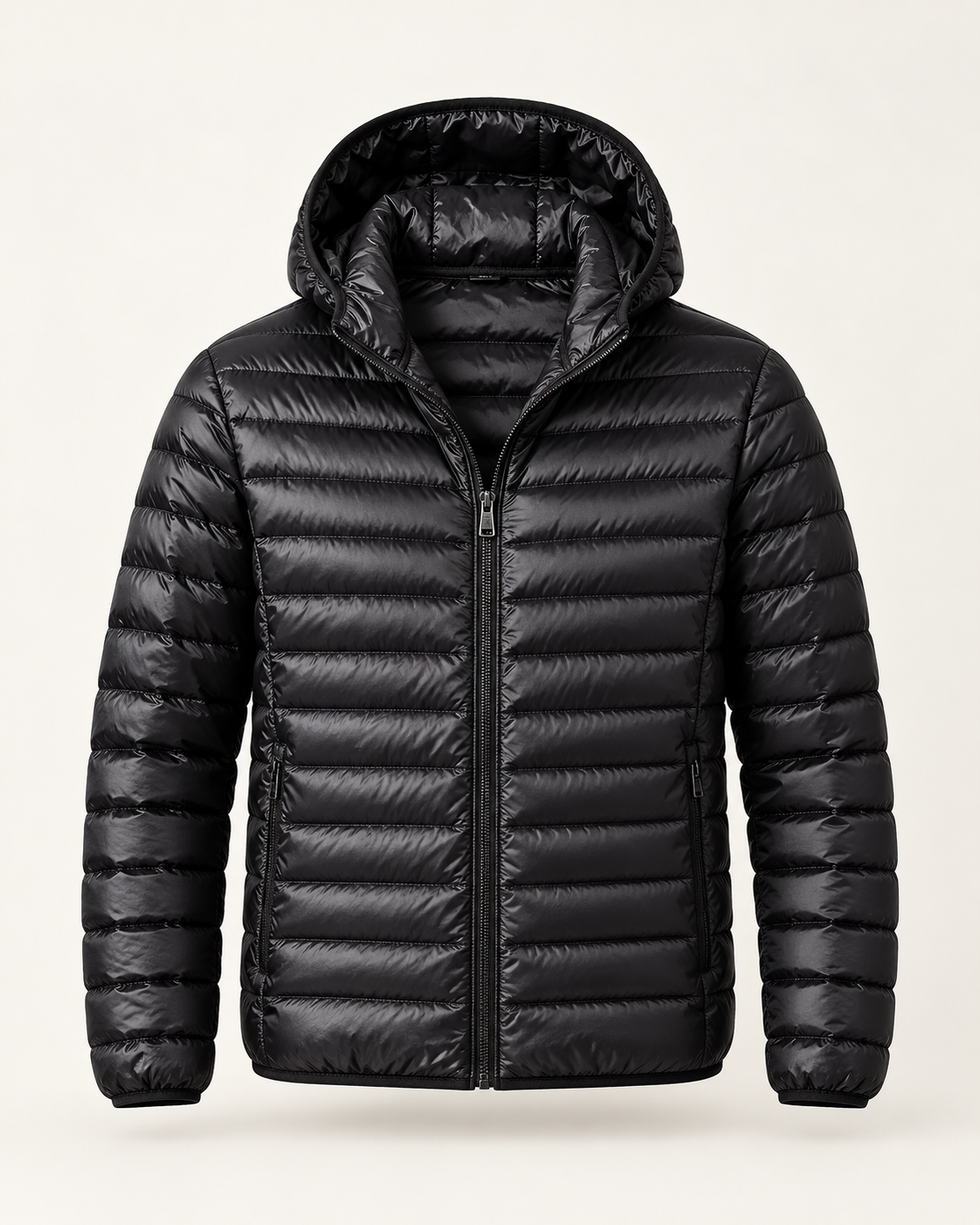 Lightweight hooded puffer — front view