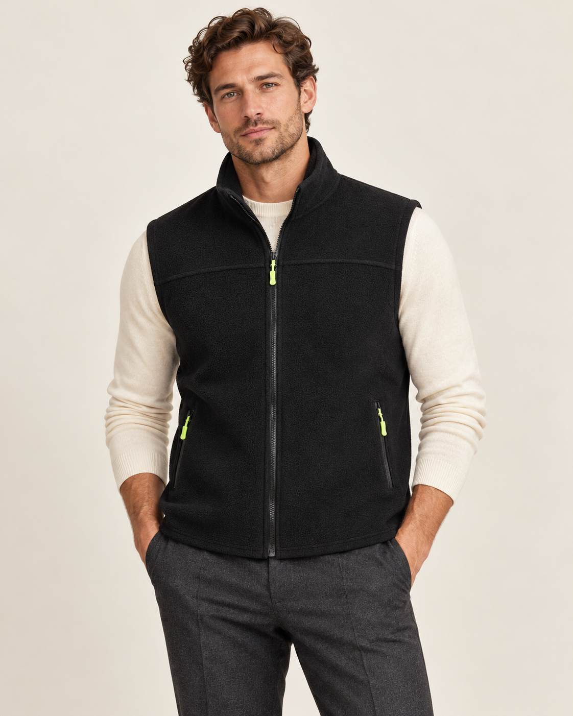 Stand-collar fleece gilet — model view