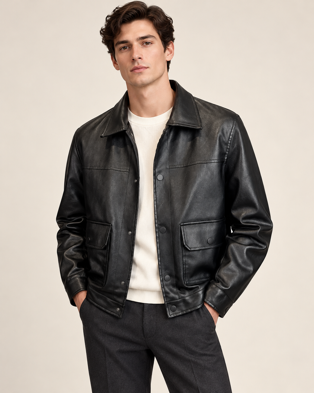 Faux-leather utility jacket — model view