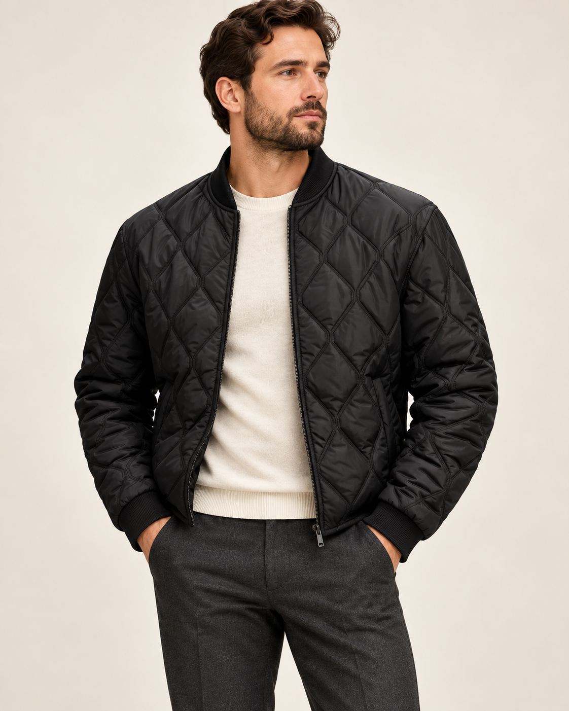 Diamond-quilted zip jacket — model view