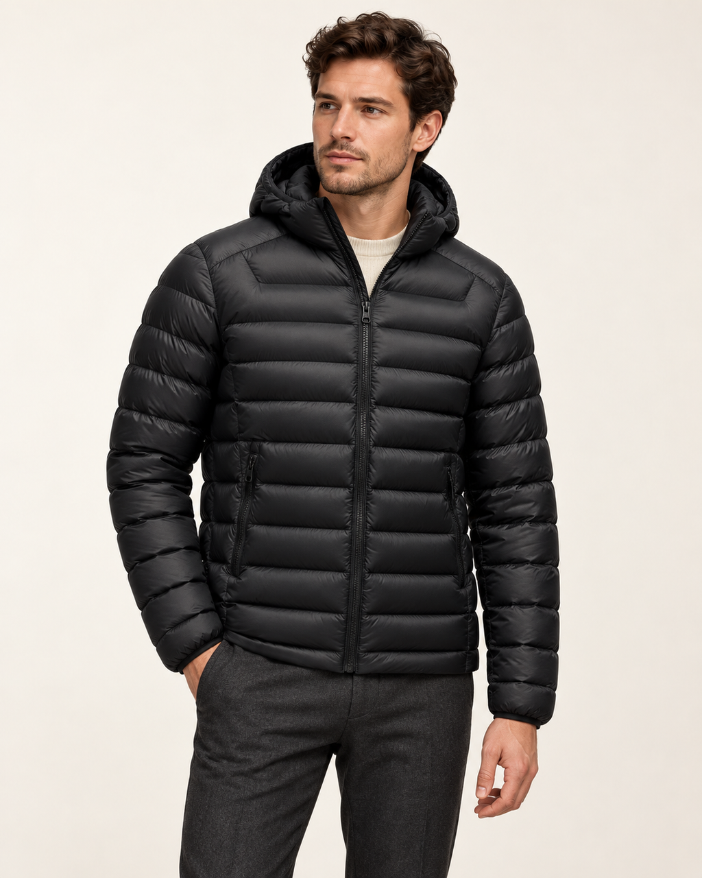 Quilted hooded puffer — model view