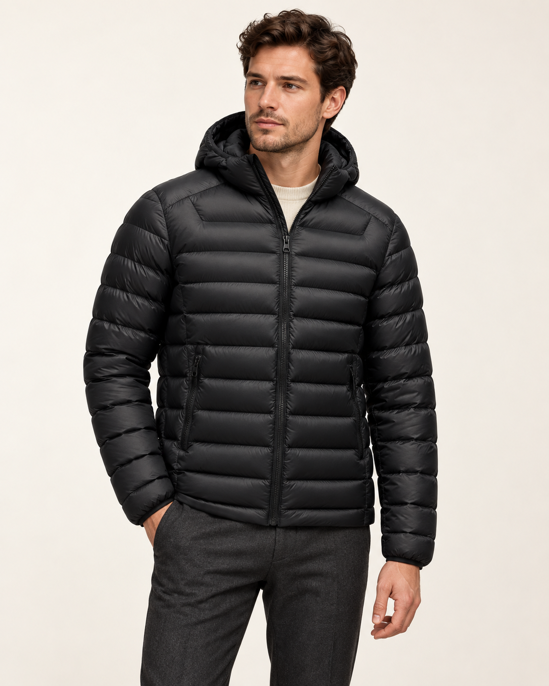 Quilted hooded puffer — model view
