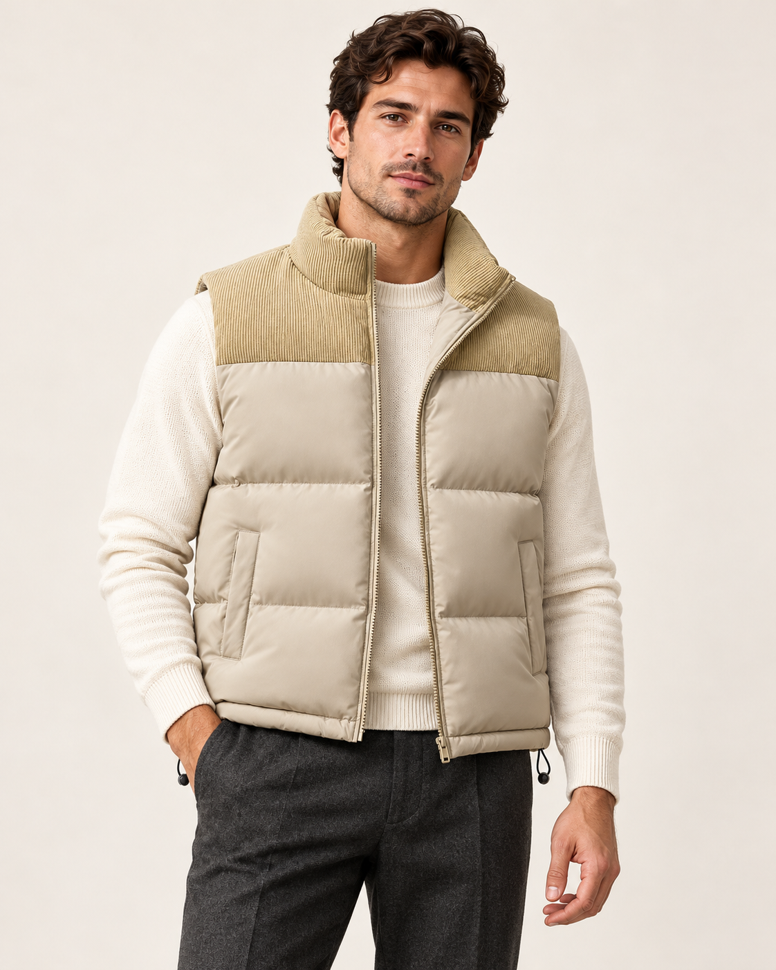 Cord-panel puffer gilet — model view