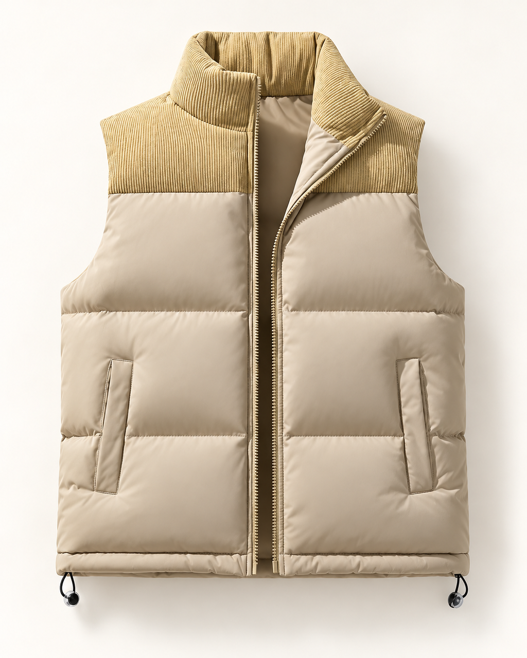 Cord-panel puffer gilet — front view