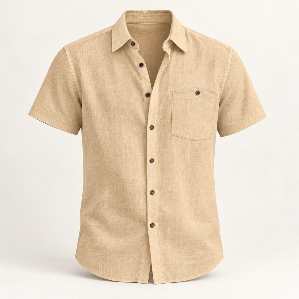 Linen Blend Short Sleeve Shirt — studio view