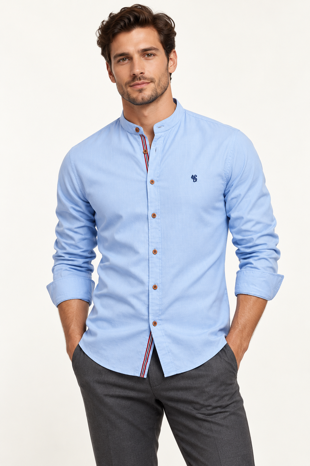 Cotton Grandad Collar Shirt — model view