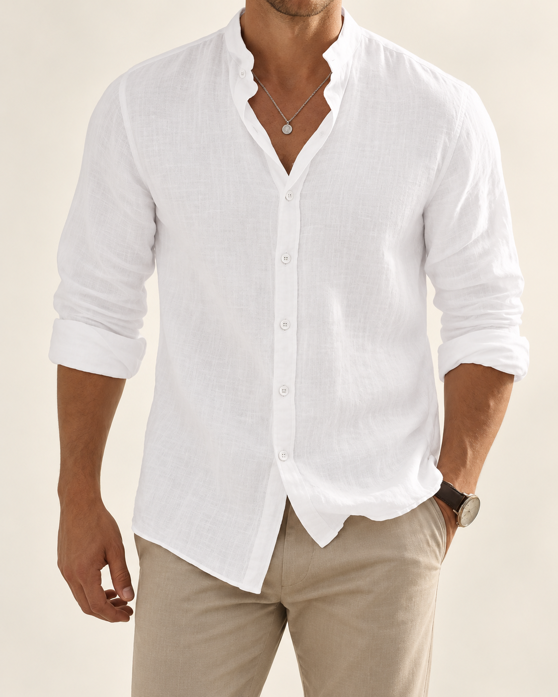 Cotton-linen grandad shirt — worn by a model