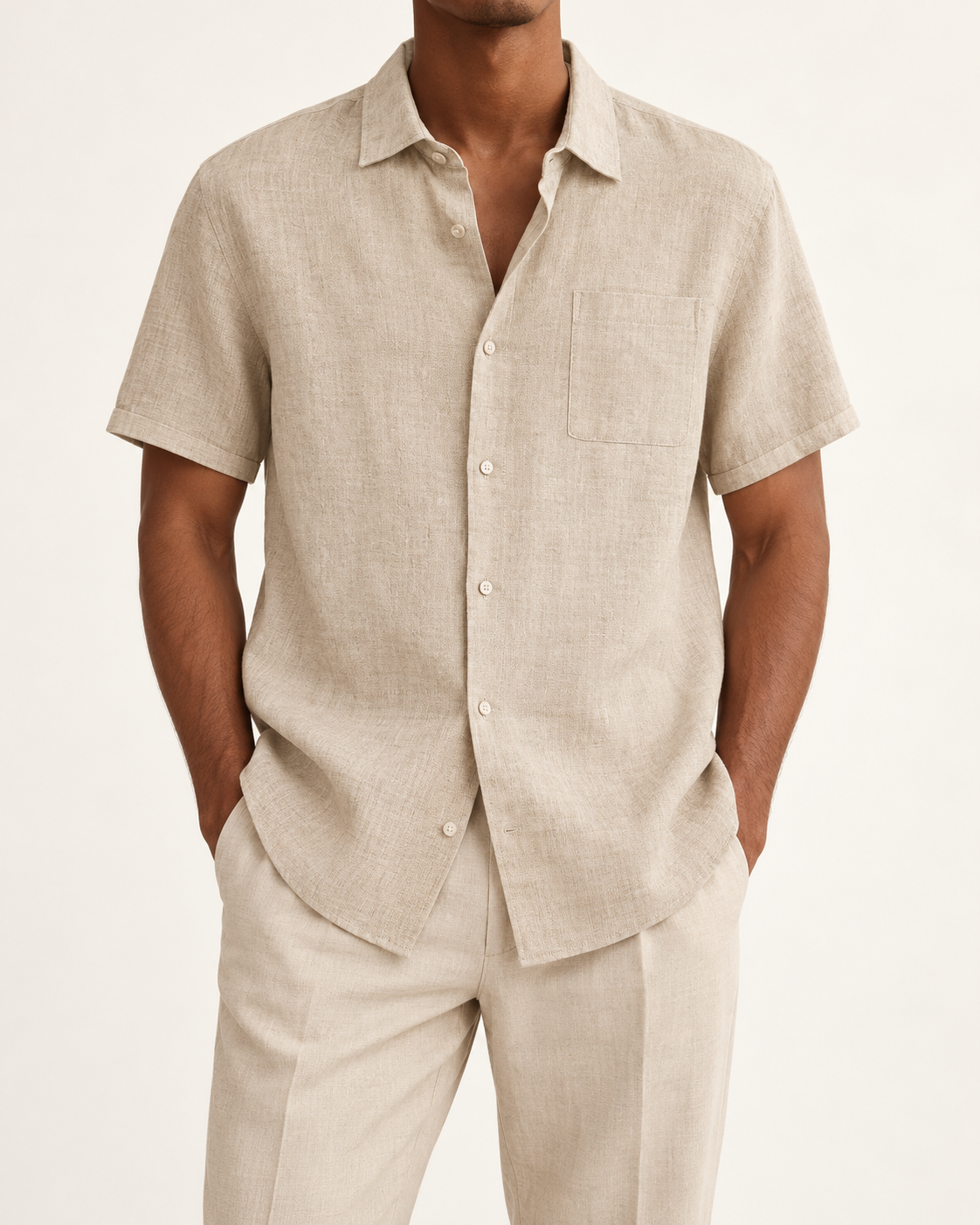 Relaxed short-sleeve linen shirt — worn by a model