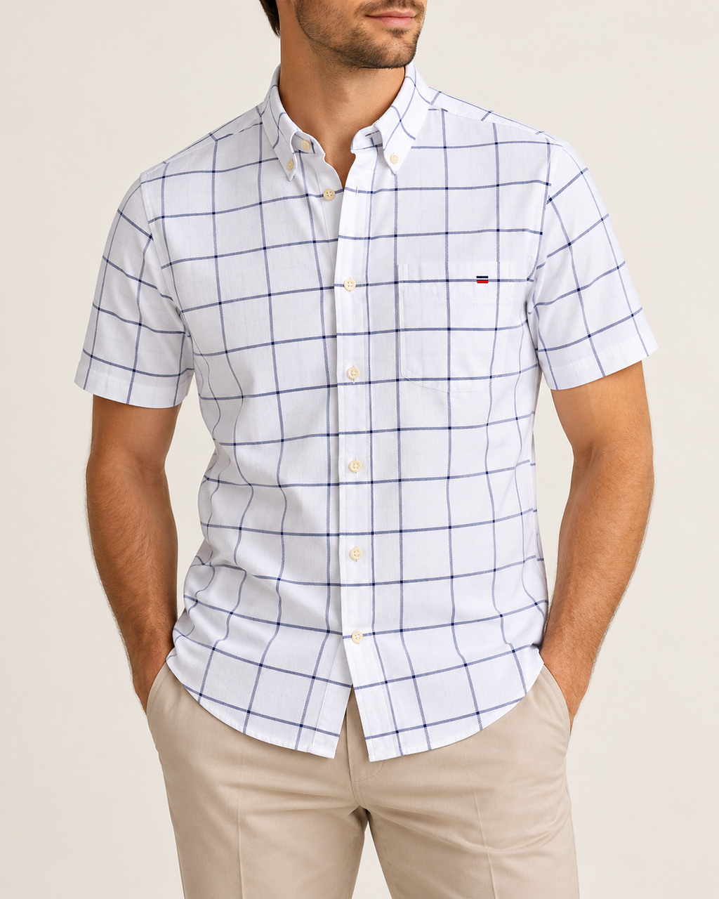 Short-sleeve check Oxford shirt — worn by a model