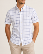 Short-sleeve check Oxford shirt — worn by a model