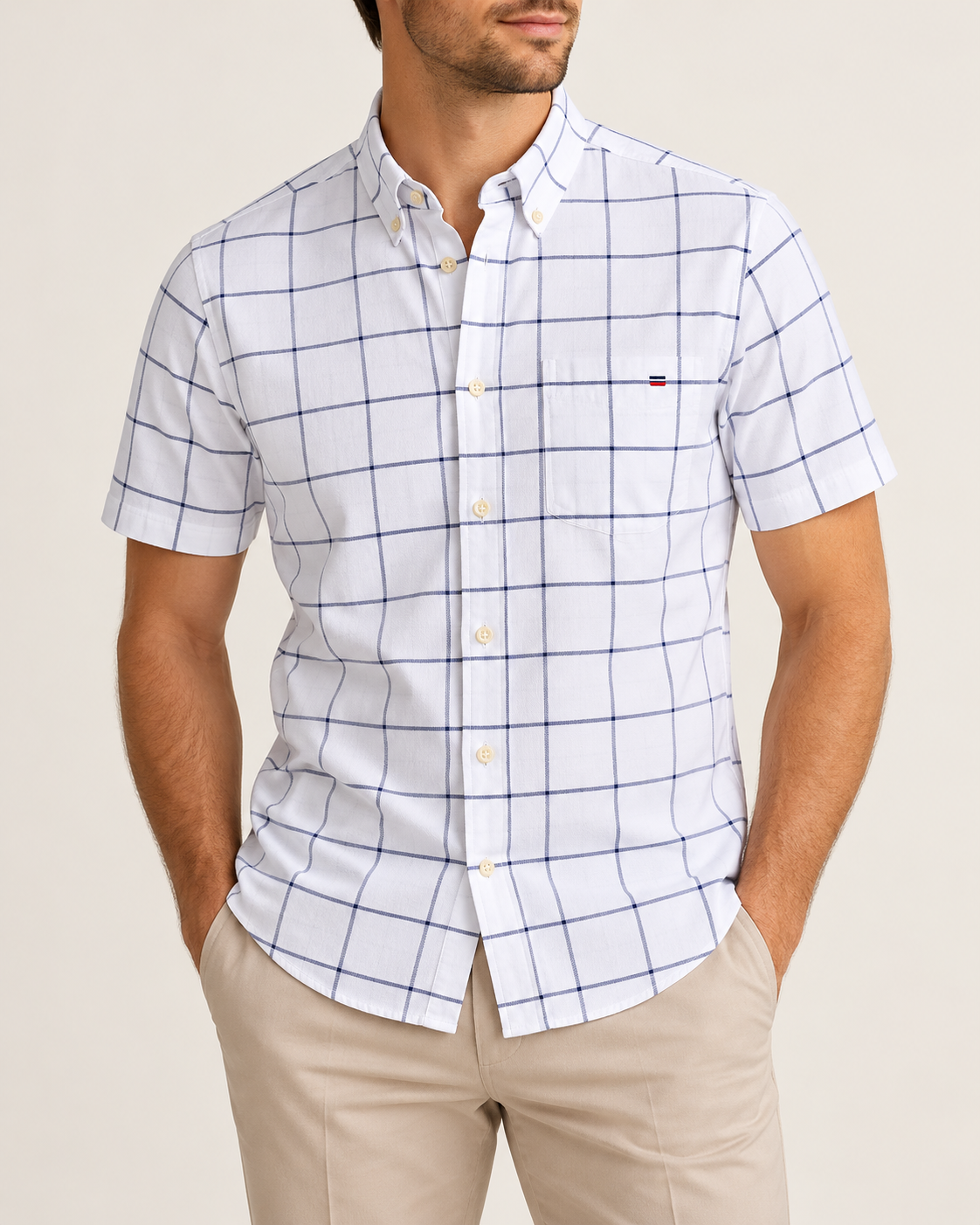 Short-sleeve check Oxford shirt — worn by a model