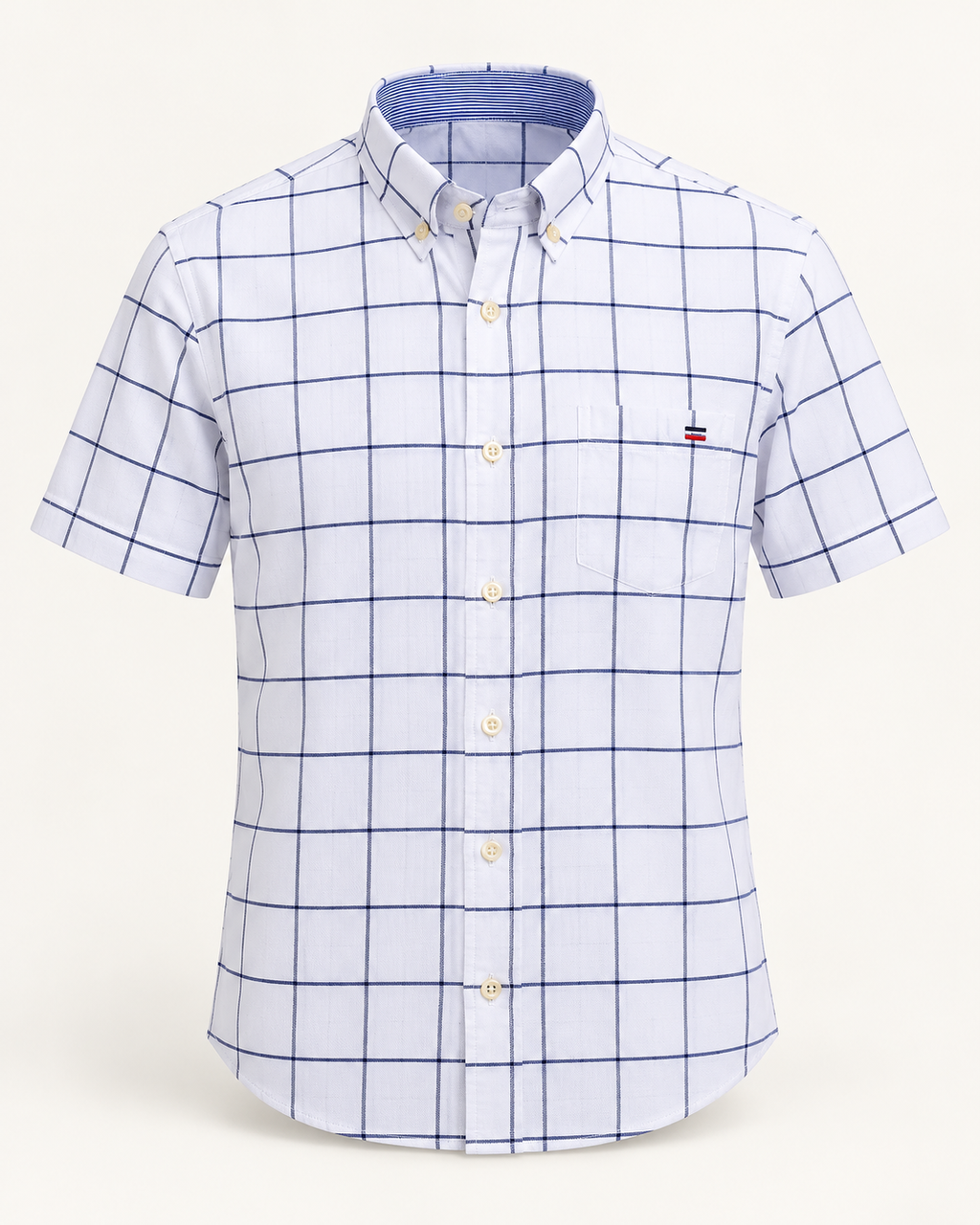 Short-sleeve check Oxford shirt — studio product photograph