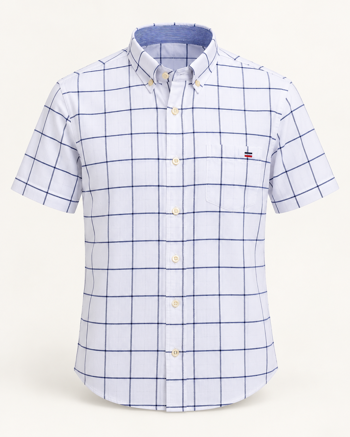 Short-sleeve check Oxford shirt — studio product photograph