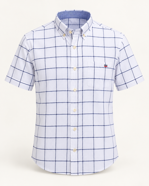 Short-sleeve check Oxford shirt — studio product photograph