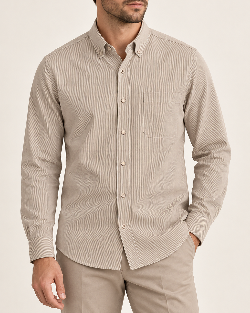 Fine-stripe cotton shirt — worn by a model