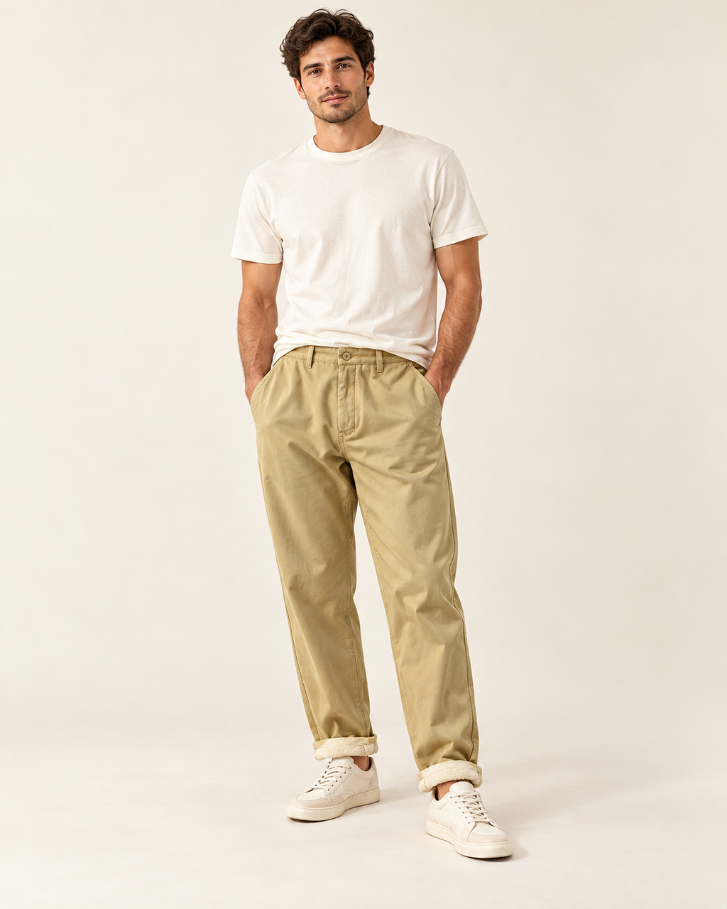 Relaxed cotton-blend chinos — model view