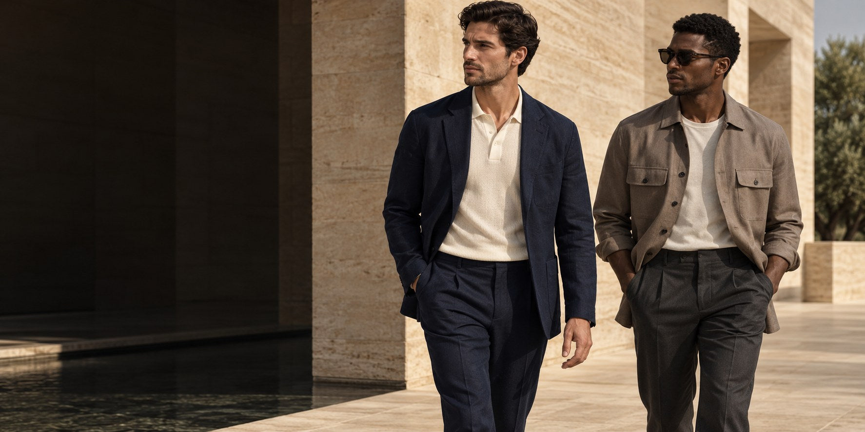 Illustrative menswear campaign featuring navy tailoring and a taupe overshirt